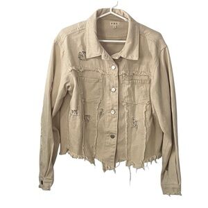 POL Women's American Flag Light Cream Denim Distressed Jacket Size Large
